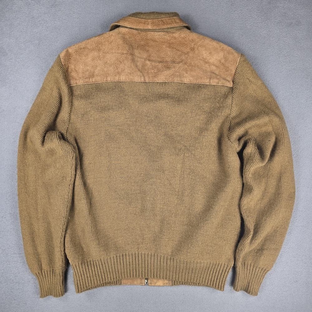 Original Windbreaker Jacket Mens Medium Beige Leather Knit Bomber Zip Striped - Picture 3 of 8